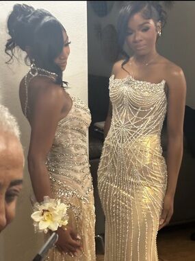 Elegant Beaded Gold Evening Dress